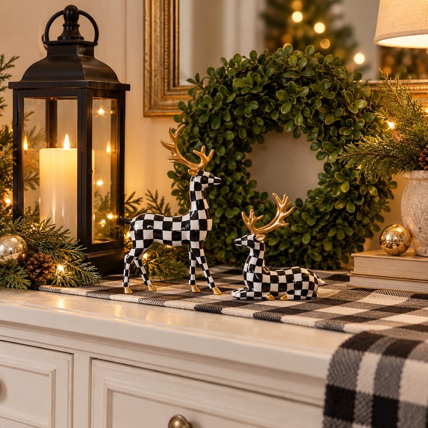 Black And White Checkered Deer Figurines Set For Christmas Decor
