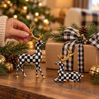 Black And White Checkered Deer Figurines Set For Christmas Decor